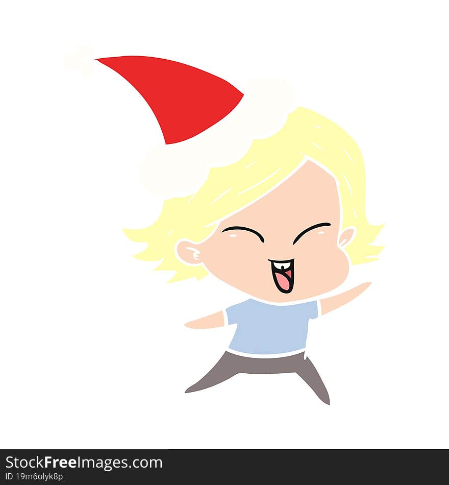 happy flat color illustration of a girl wearing santa hat