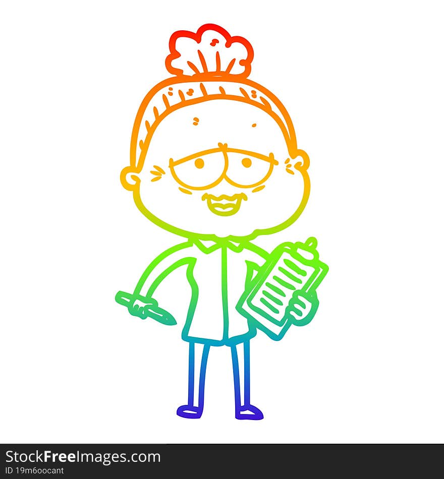 rainbow gradient line drawing of a cartoon happy old lady