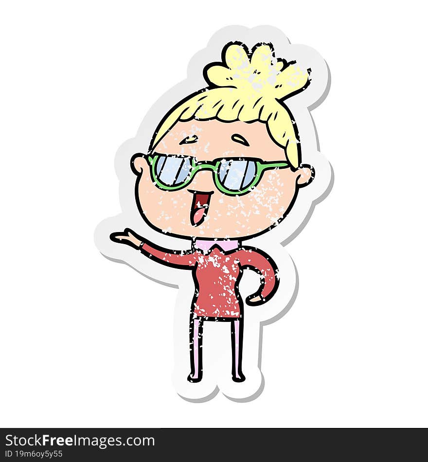 distressed sticker of a cartoon happy woman wearing spectacles