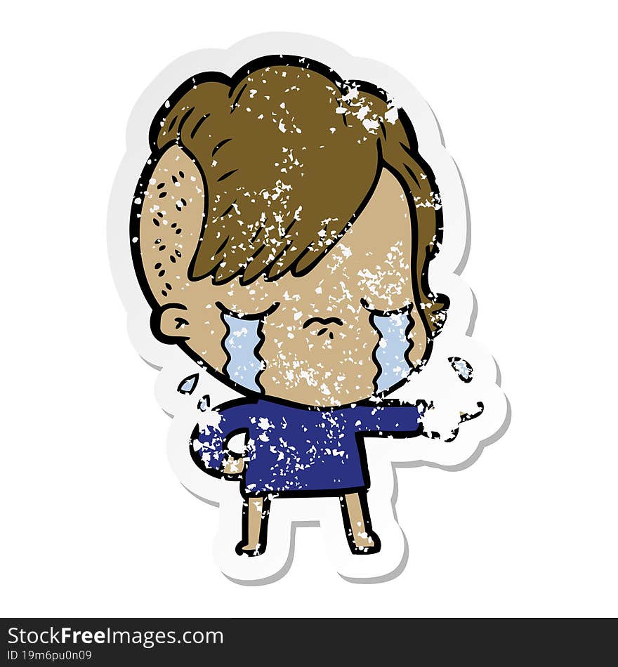 distressed sticker of a cartoon crying girl accusing