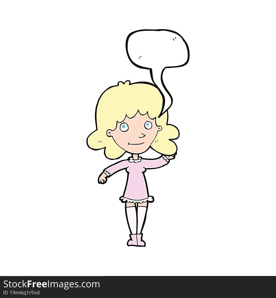 cartoon friendly woman waving with speech bubble