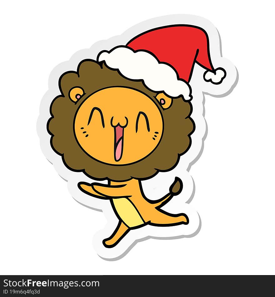 happy sticker cartoon of a lion wearing santa hat