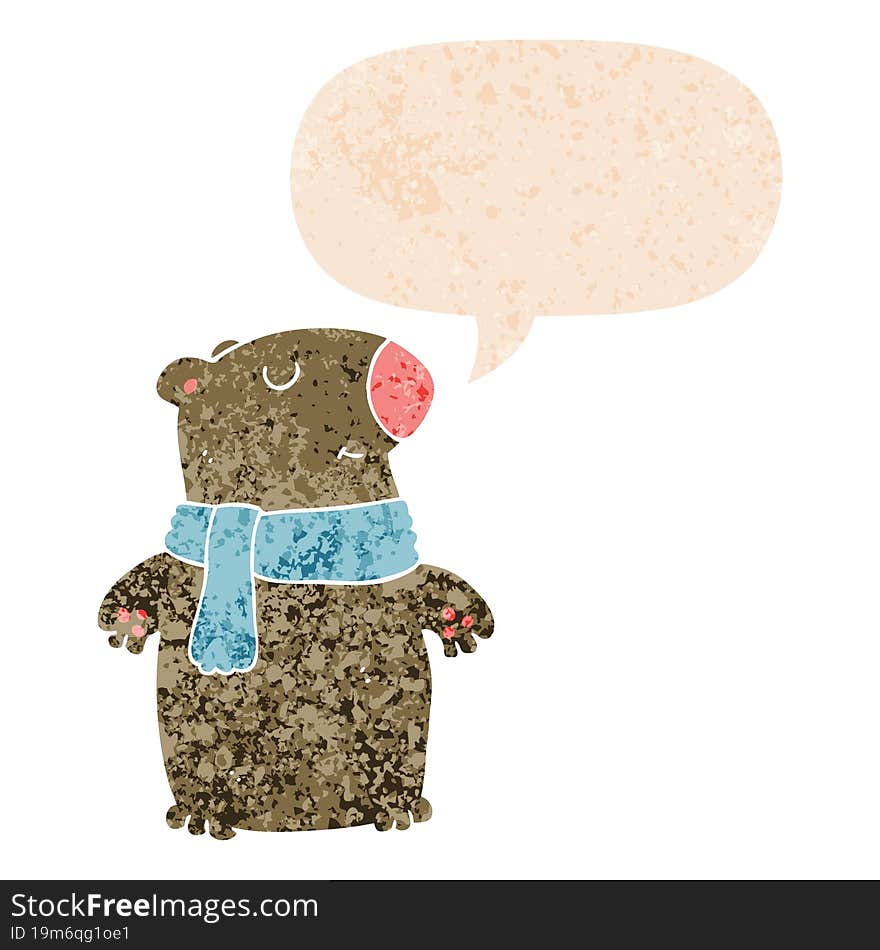 cartoon bear and speech bubble in retro textured style