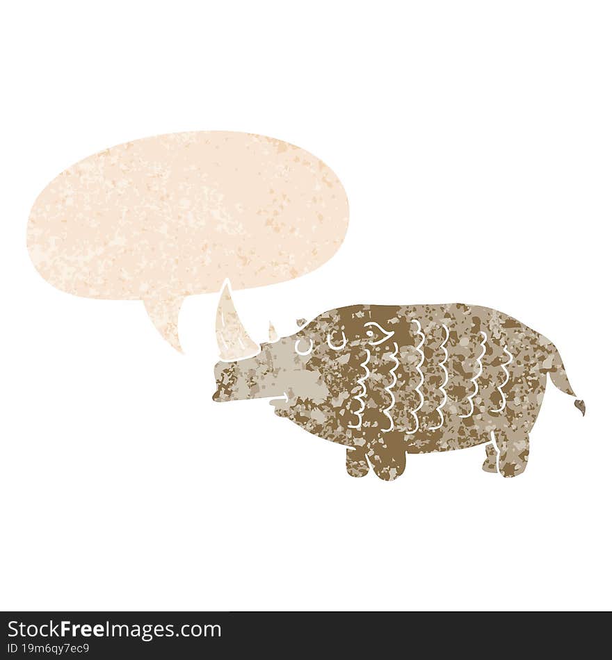 cartoon rhinoceros and speech bubble in retro textured style