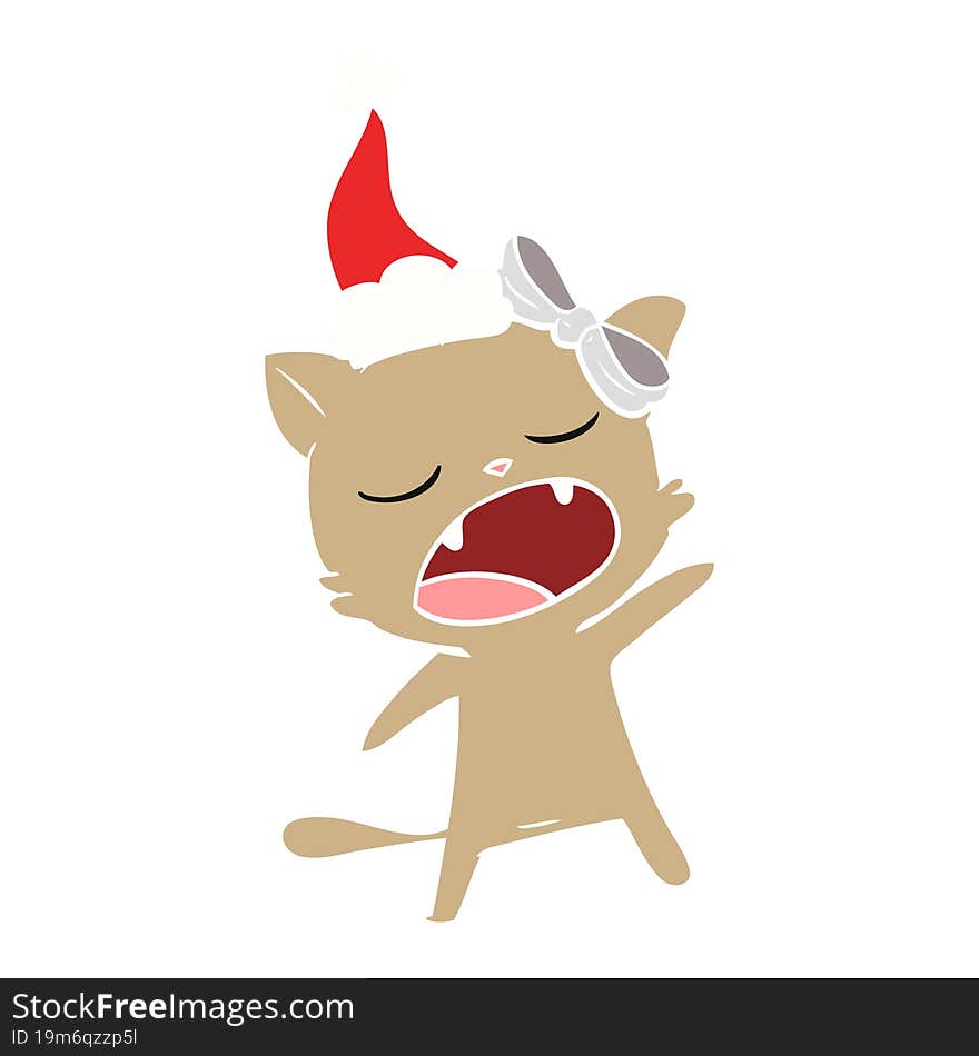 flat color illustration of a singing cat wearing santa hat