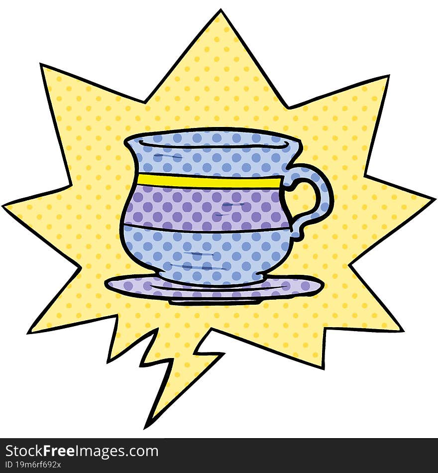 cartoon old tea cup with speech bubble in comic book style