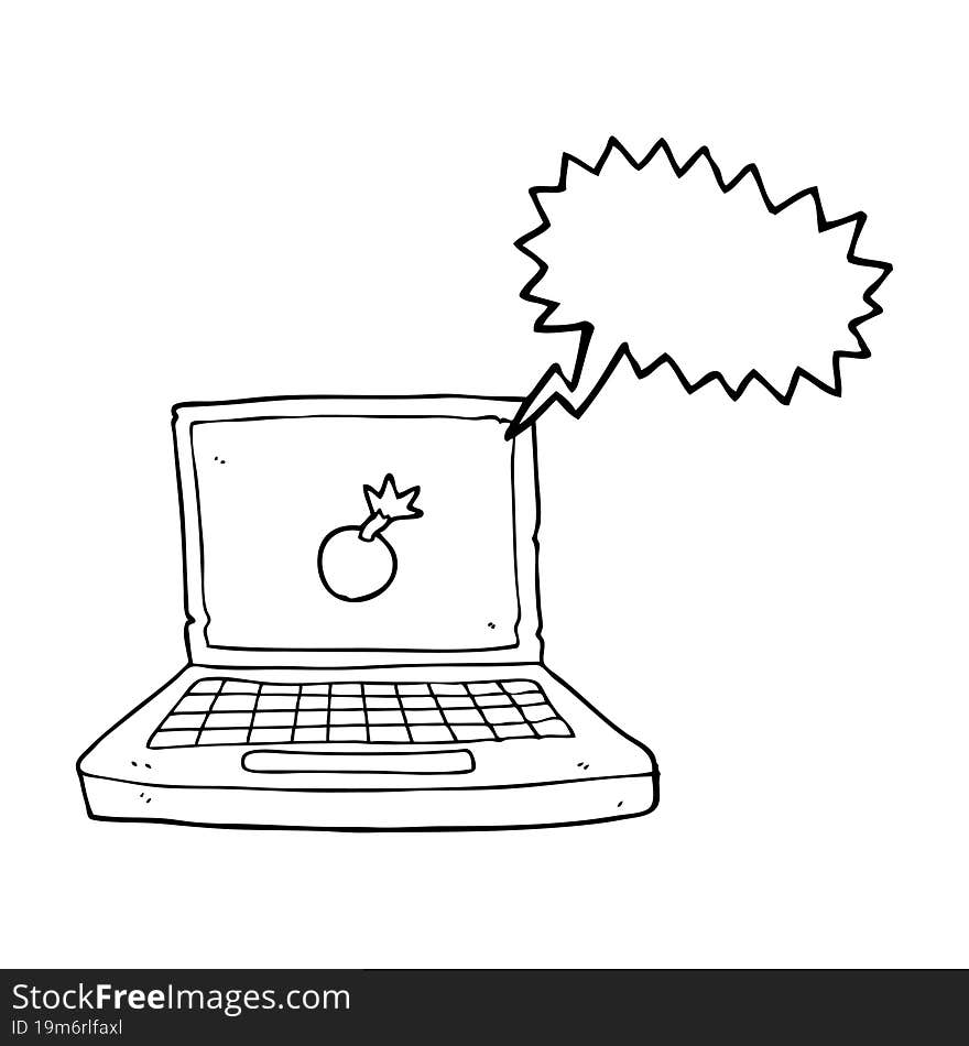 speech bubble cartoon laptop computer with bomb symbol