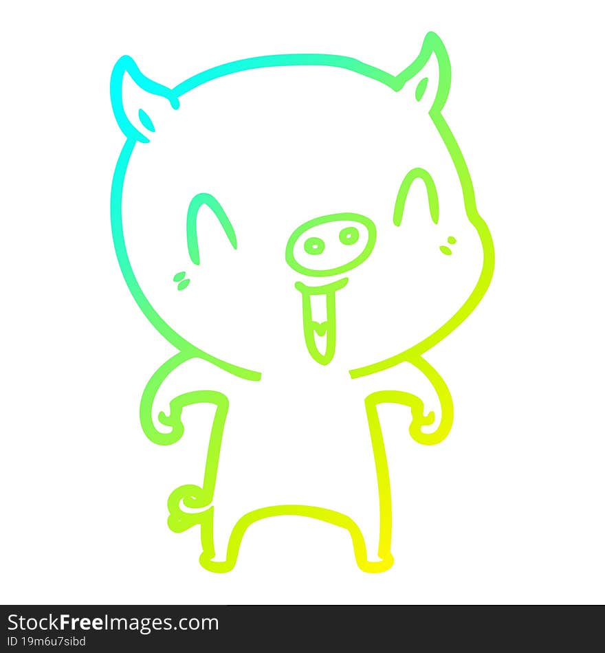 cold gradient line drawing of a happy cartoon pig