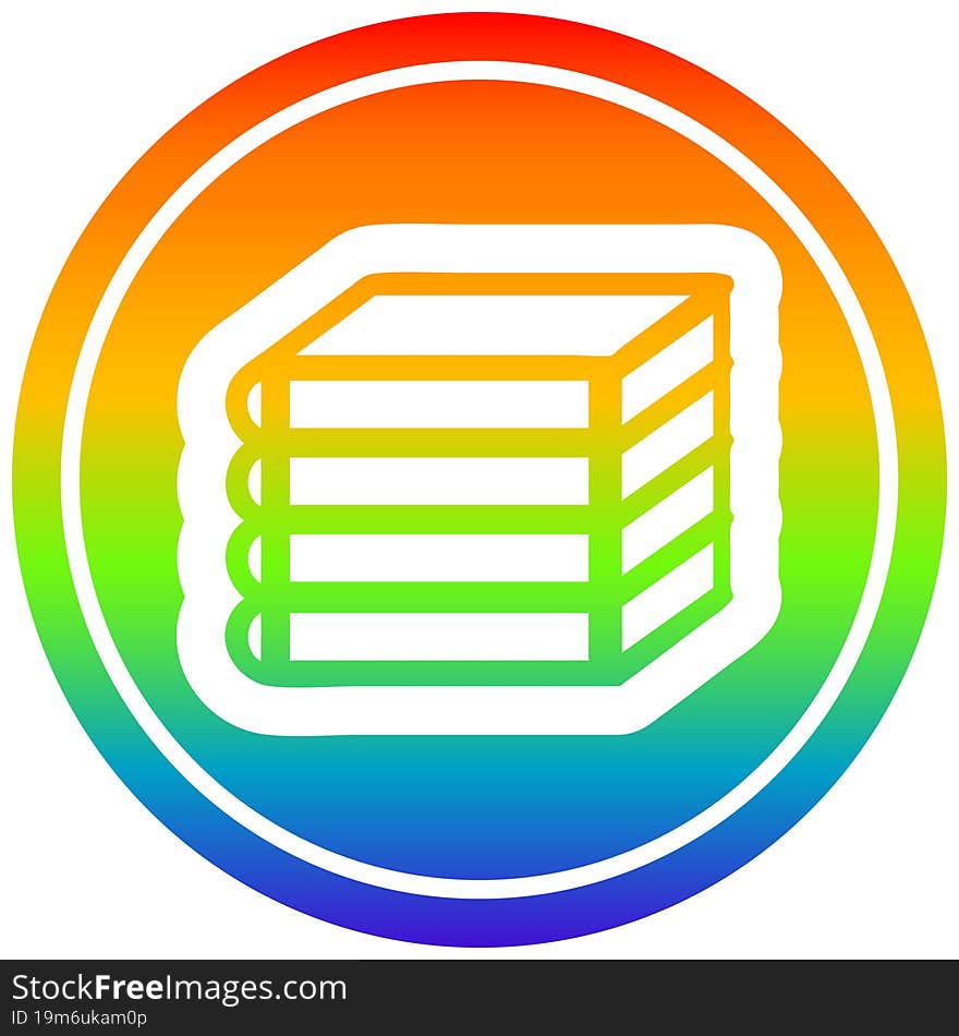 stack of books circular in rainbow spectrum