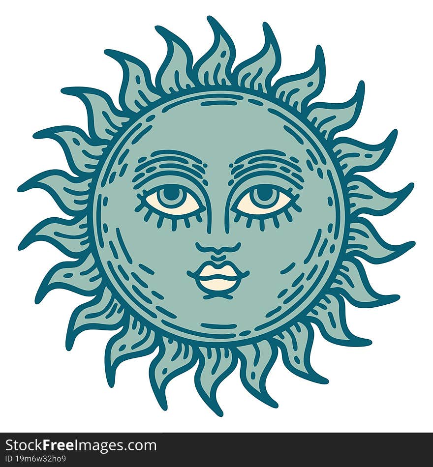 tattoo style icon of a sun with face