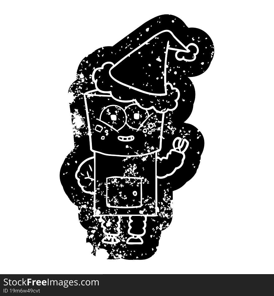 happy quirky cartoon distressed icon of a robot waving hello wearing santa hat