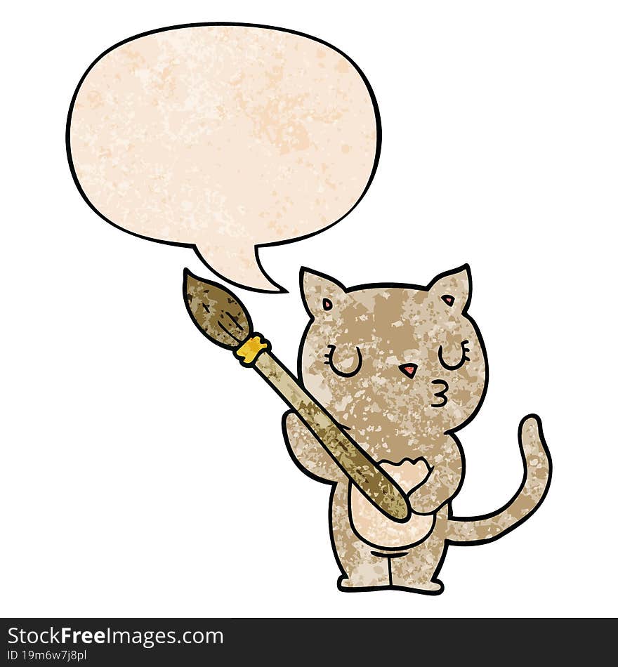 cute cartoon cat and speech bubble in retro texture style