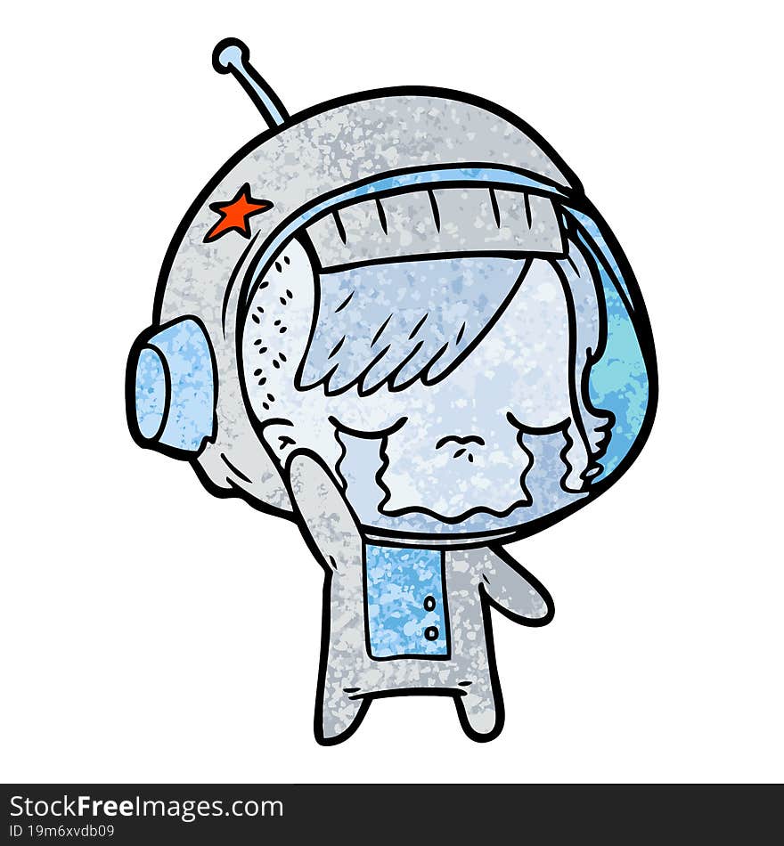 cartoon crying astronaut girl waving goodbye. cartoon crying astronaut girl waving goodbye