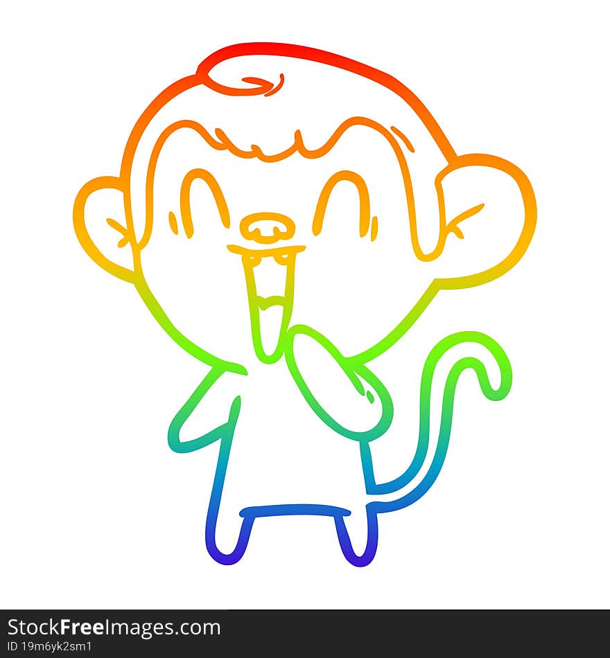 rainbow gradient line drawing of a cartoon laughing monkey