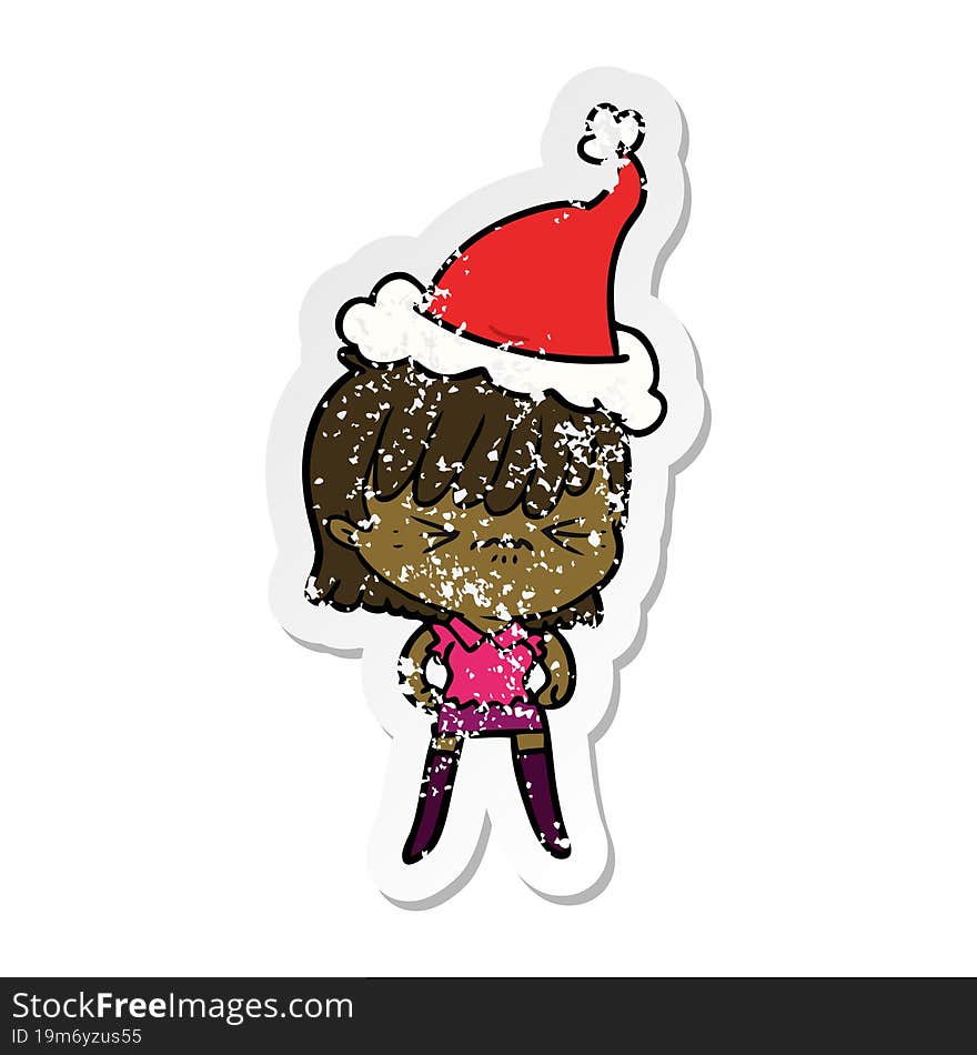 annoyed distressed sticker cartoon of a girl wearing santa hat