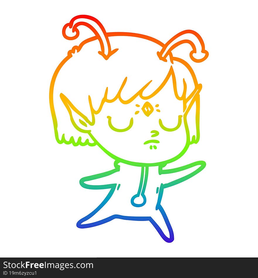 rainbow gradient line drawing of a cartoon alien girl