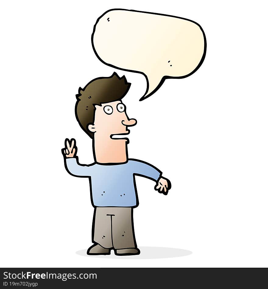 cartoon man making peace sign with speech bubble