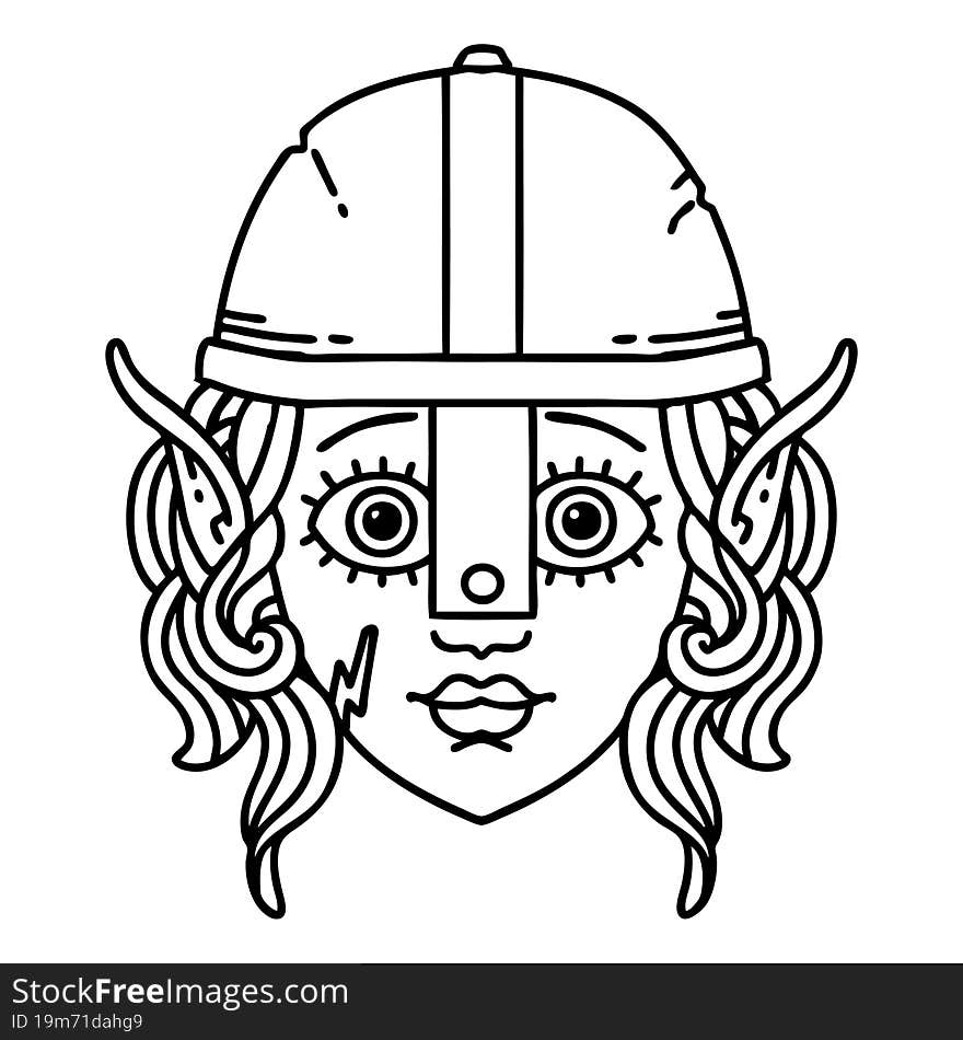 Black and White Tattoo linework Style elf fighter character face. Black and White Tattoo linework Style elf fighter character face