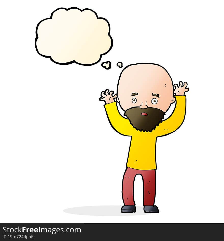 cartoon bearded man panicking with thought bubble