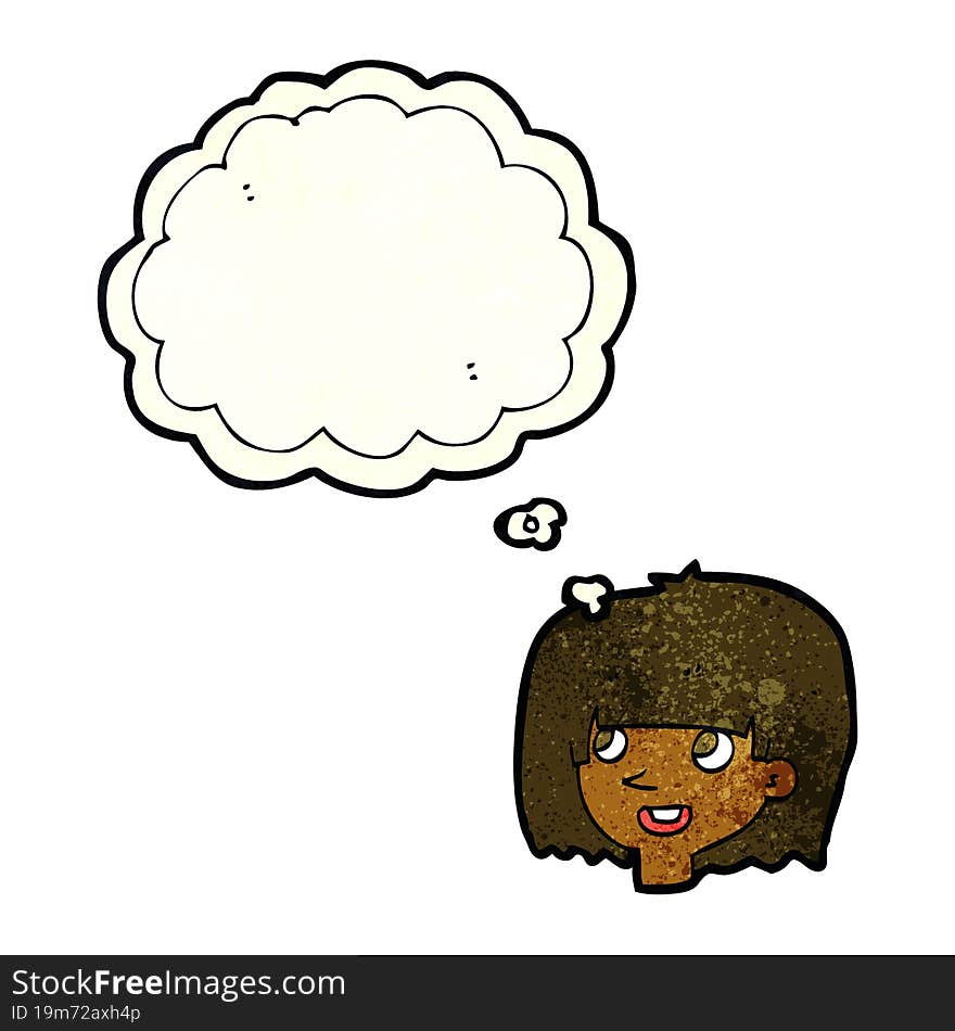 cartoon happy female face with thought bubble