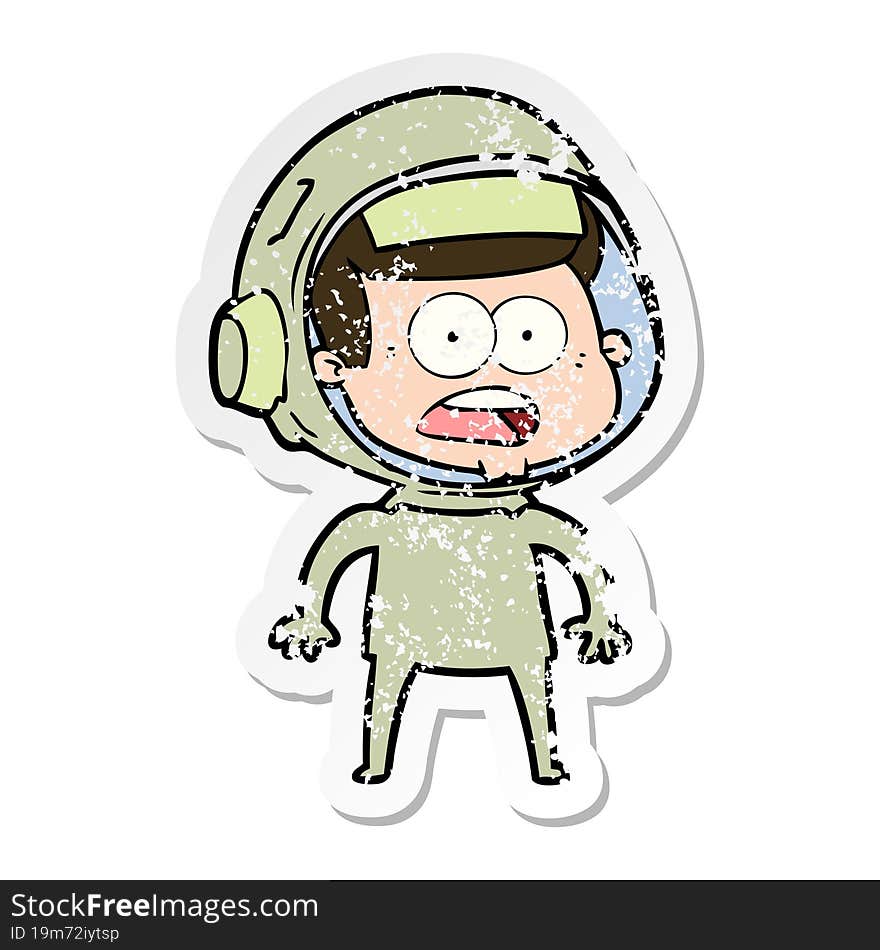 distressed sticker of a cartoon surprised astronaut