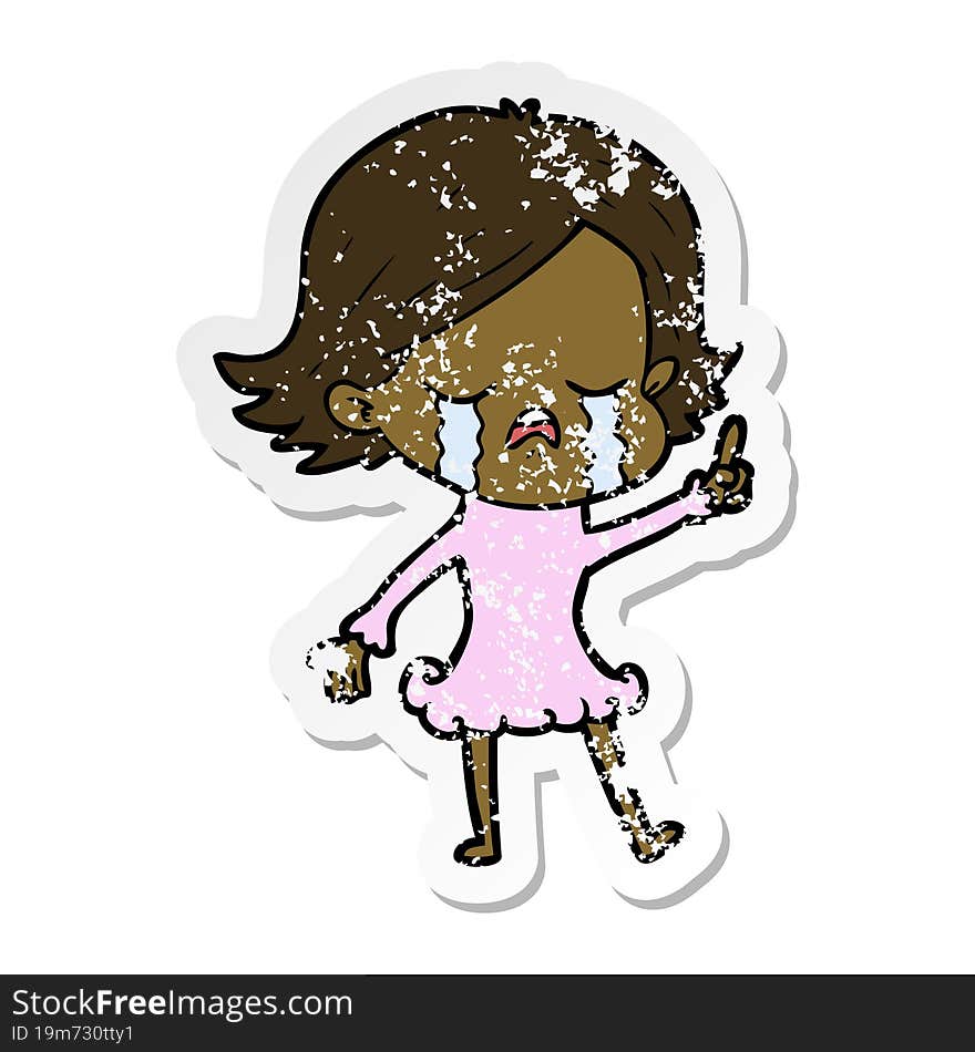 distressed sticker of a cartoon girl crying