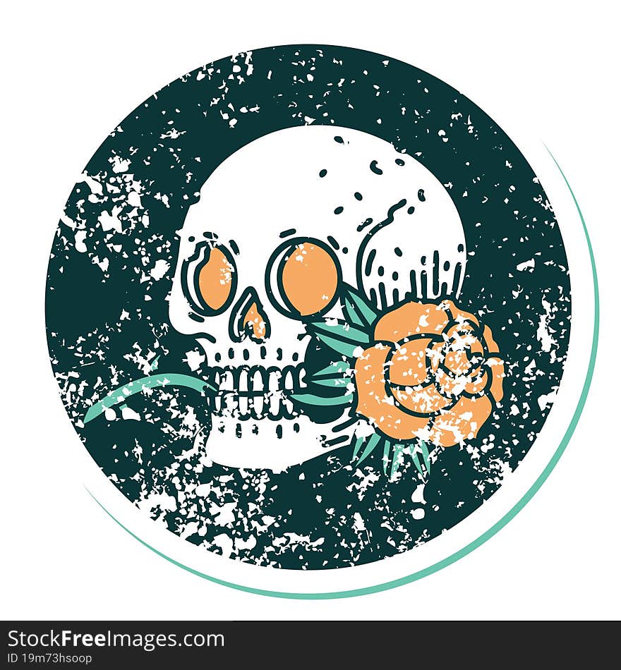 distressed sticker tattoo style icon of a skull and rose