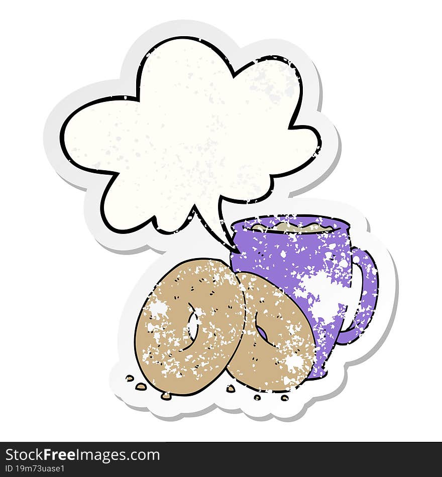 cartoon coffee and donuts and speech bubble distressed sticker