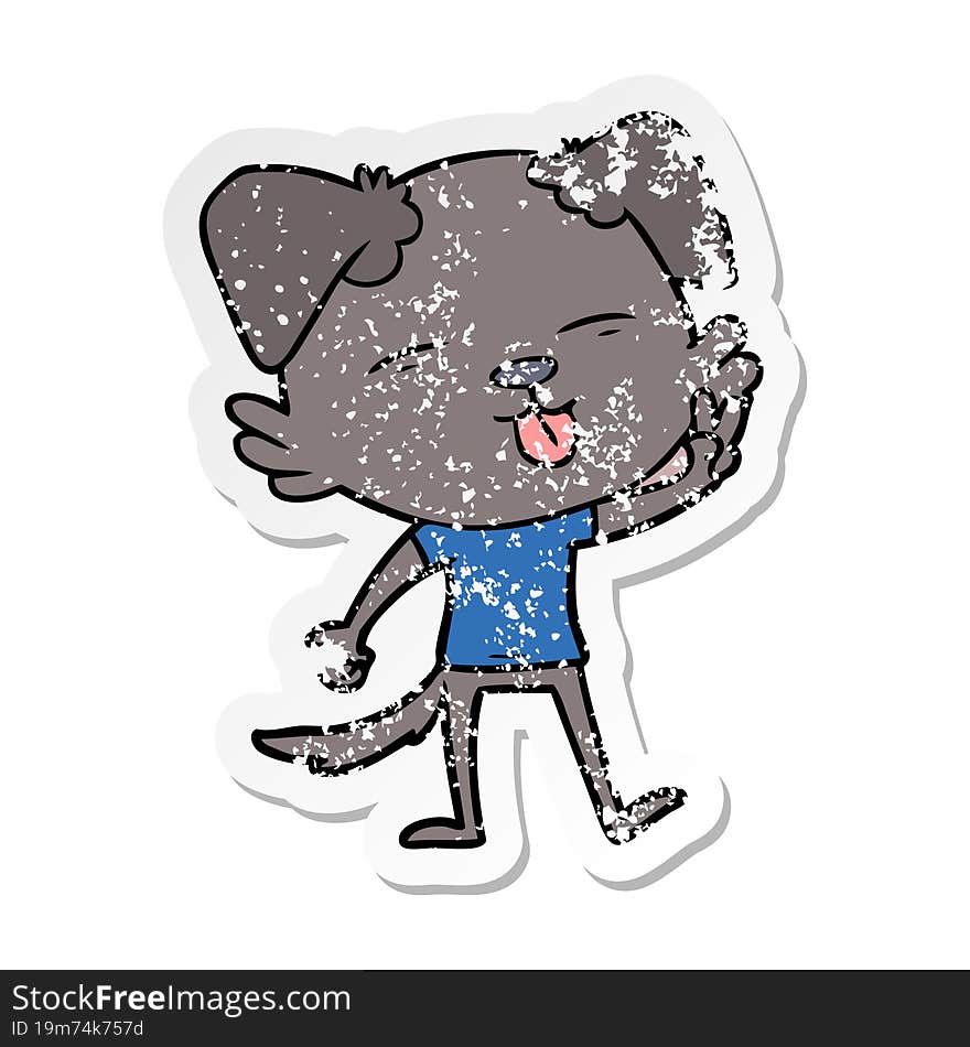 distressed sticker of a cartoon dog sticking out tongue