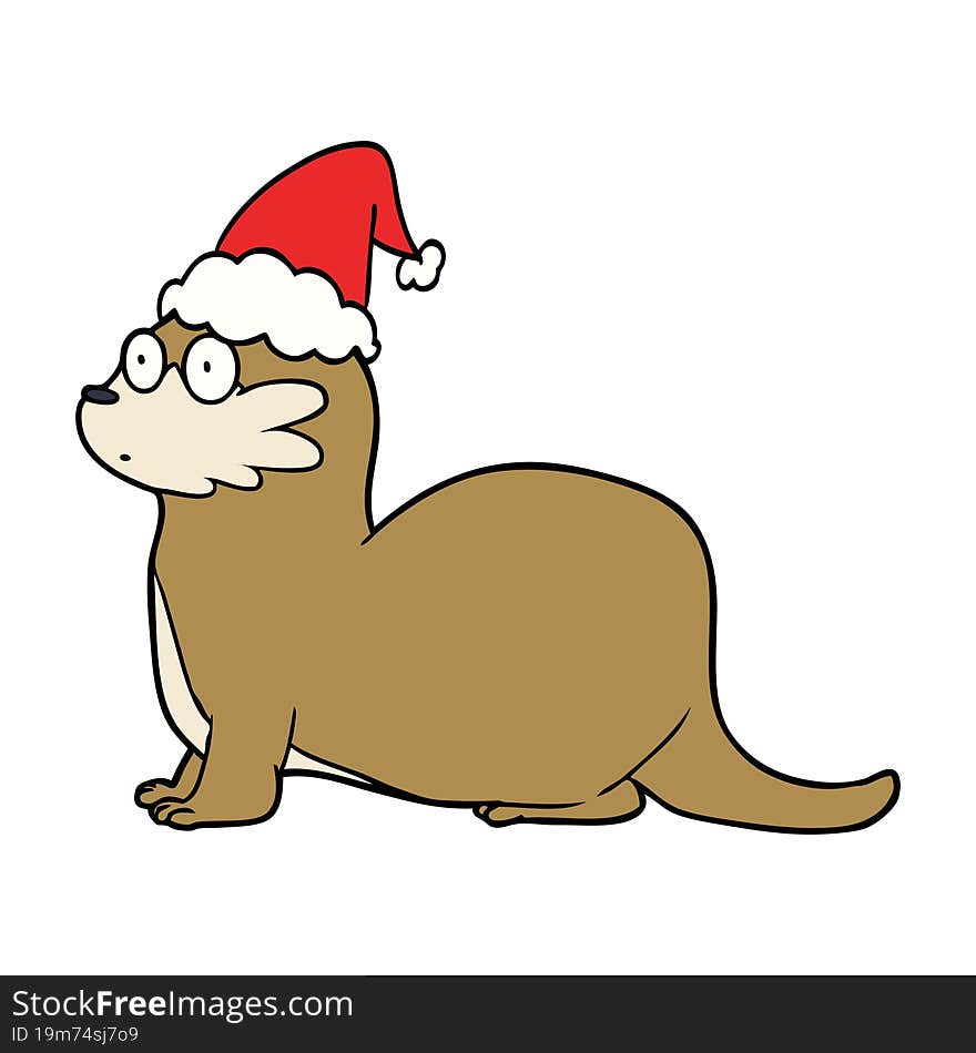 line drawing of a otter wearing santa hat