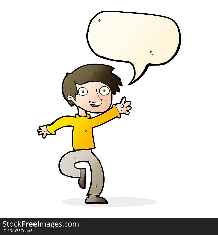 cartoon excited boy dancing with speech bubble