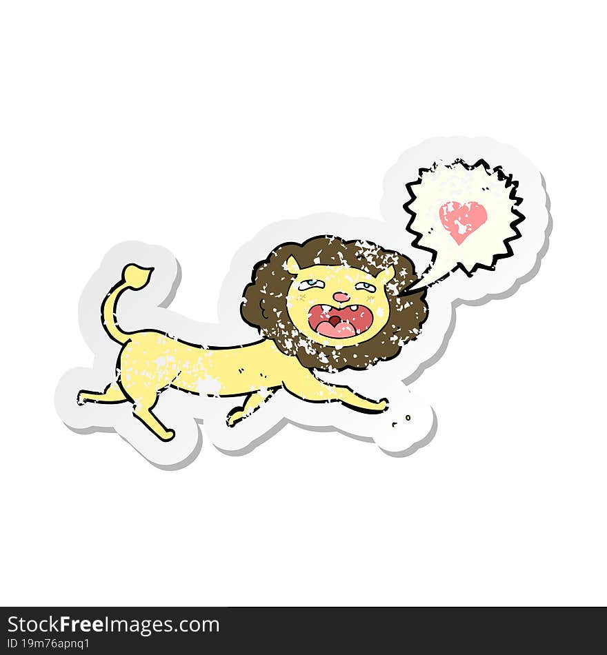 retro distressed sticker of a cartoon lion with love heart