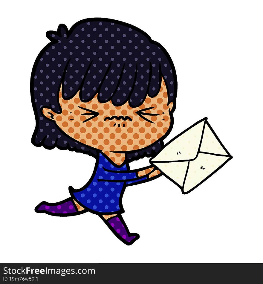 annoyed cartoon girl with letter. annoyed cartoon girl with letter