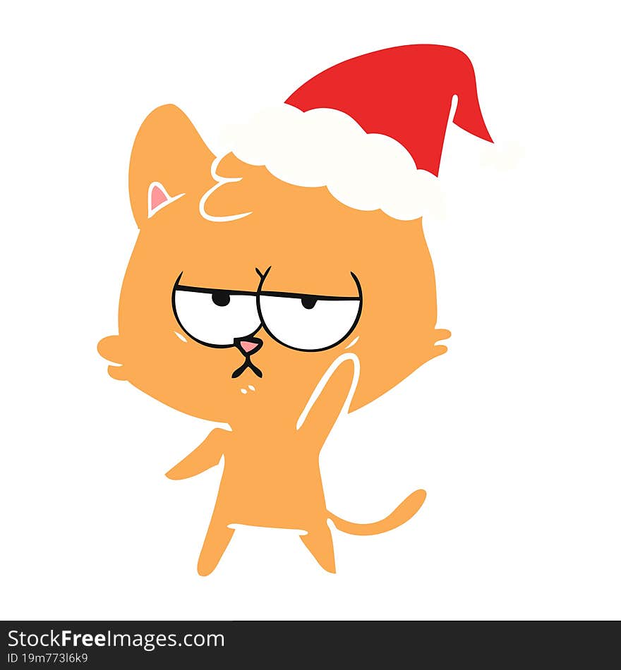 bored flat color illustration of a cat wearing santa hat