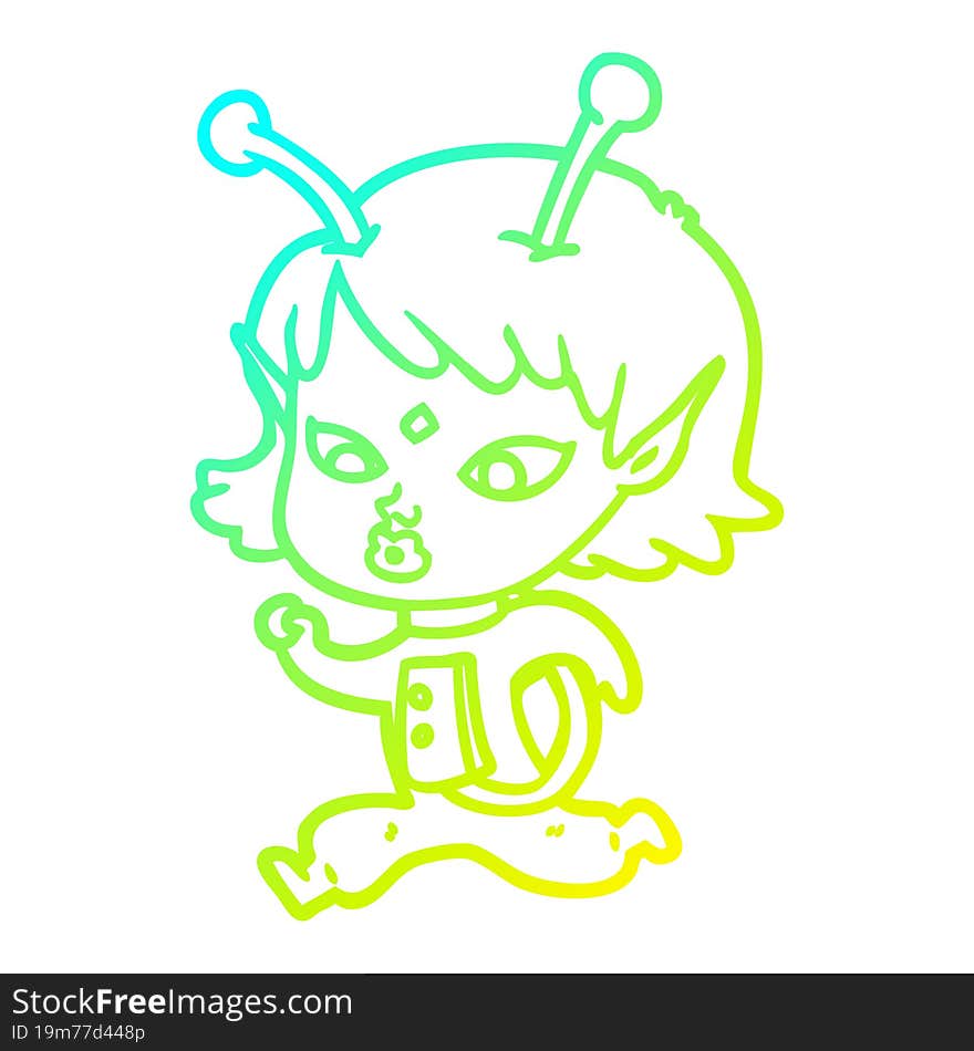 cold gradient line drawing pretty cartoon alien girl running