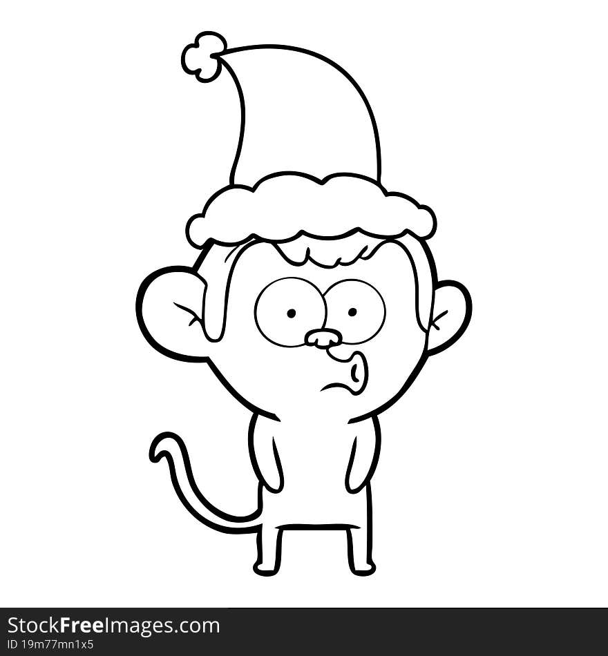 line drawing of a hooting monkey wearing santa hat