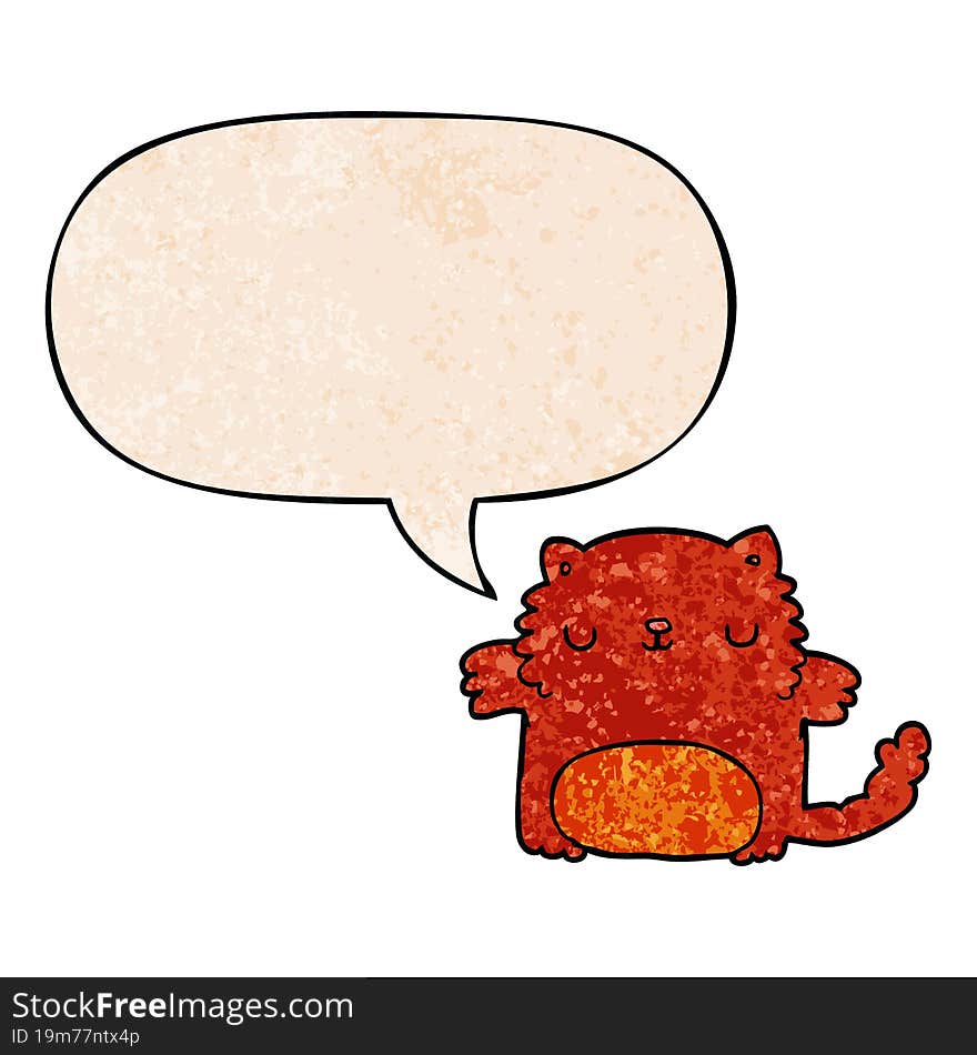 cartoon cat and speech bubble in retro texture style