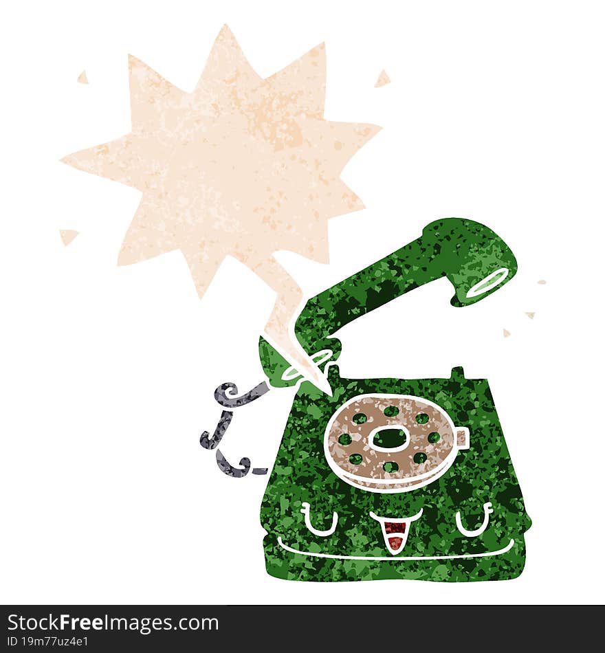 Cute Cartoon Telephone And Speech Bubble In Retro Textured Style