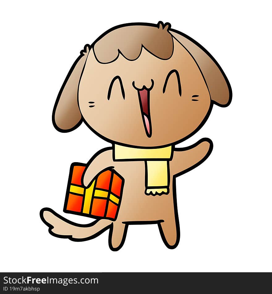 cute cartoon dog with christmas present. cute cartoon dog with christmas present