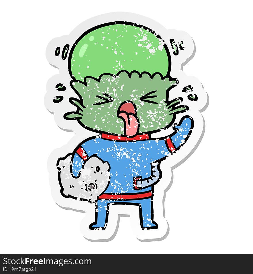 distressed sticker of a weird cartoon alien