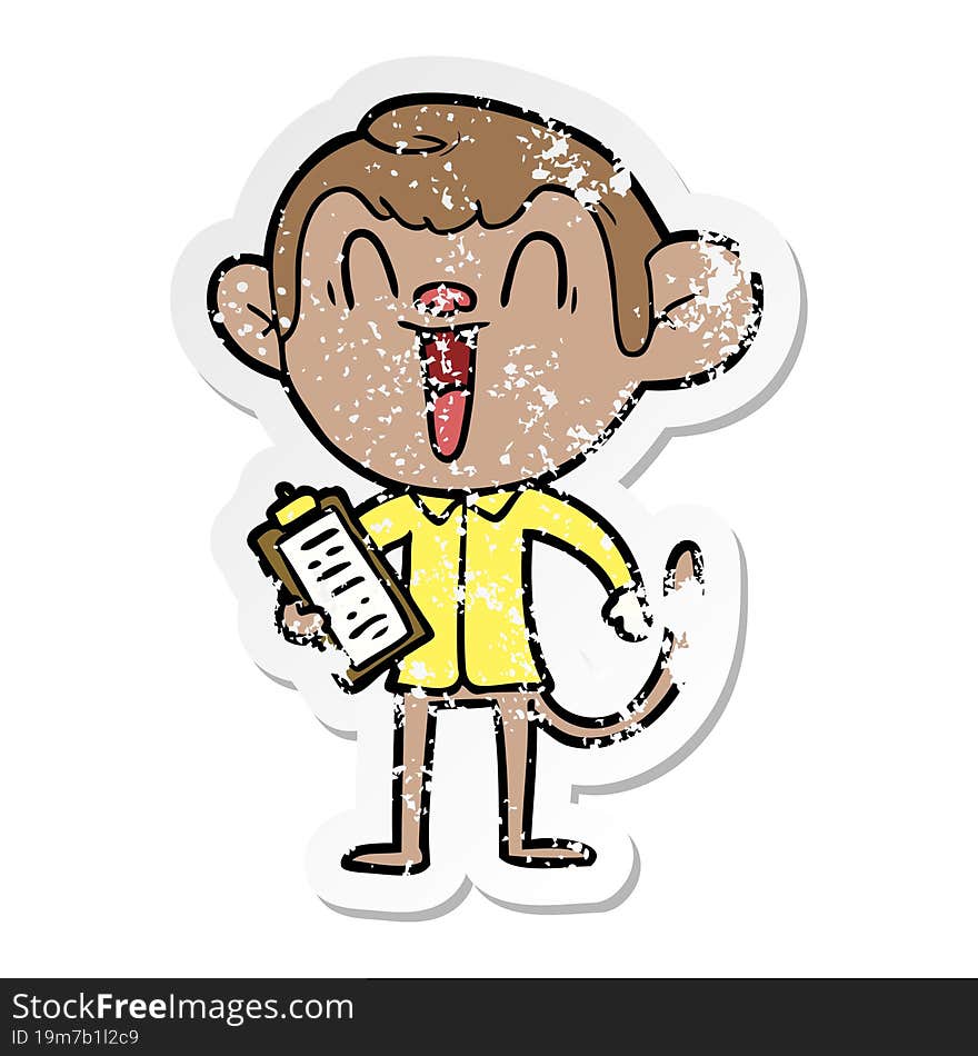 distressed sticker of a cartoon laughing monkey