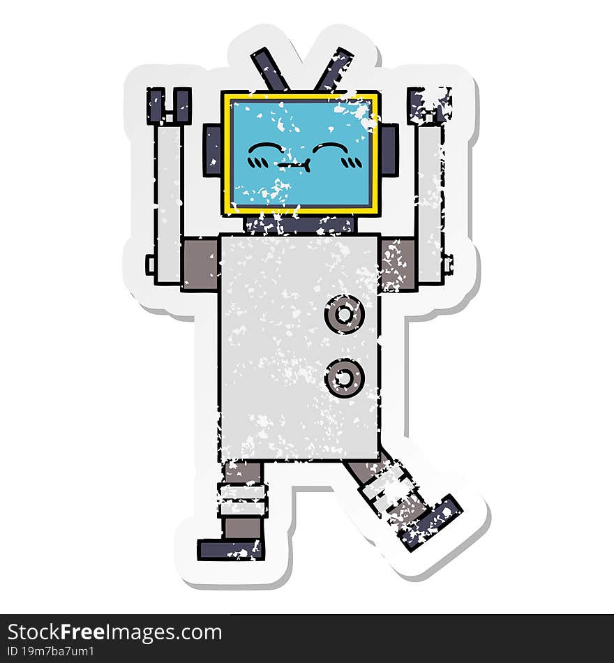 Distressed Sticker Of A Cute Cartoon Happy Robot