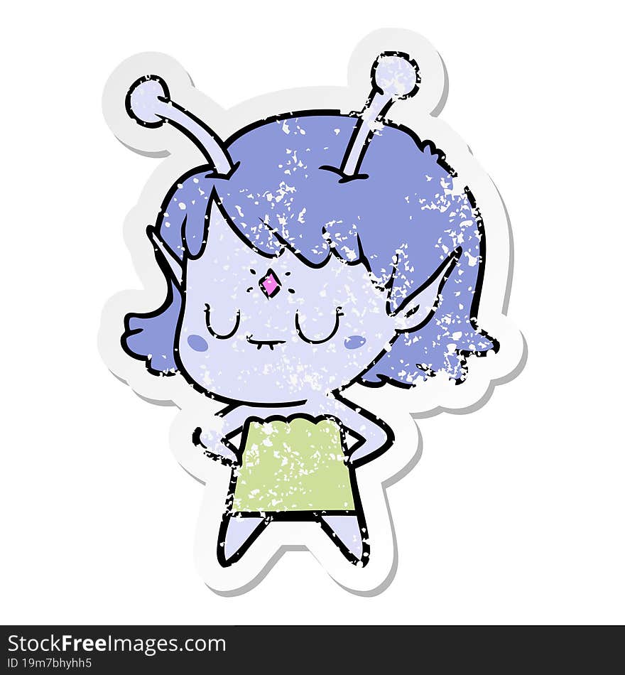 distressed sticker of a cartoon alien girl