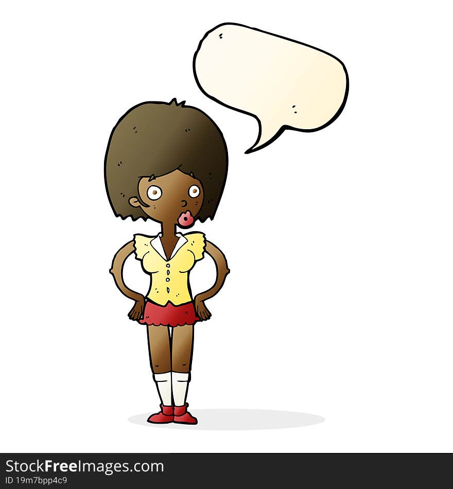 cartoon woman with hands on hips with speech bubble