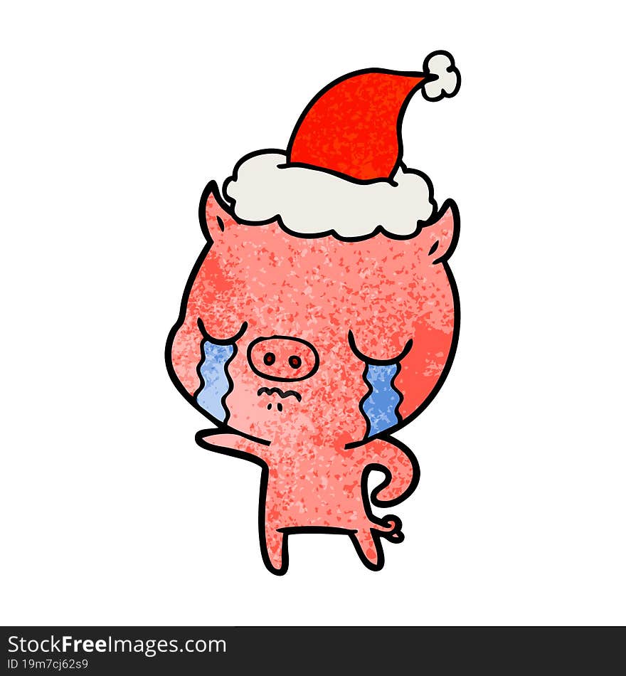 Textured Cartoon Of A Pig Crying Wearing Santa Hat