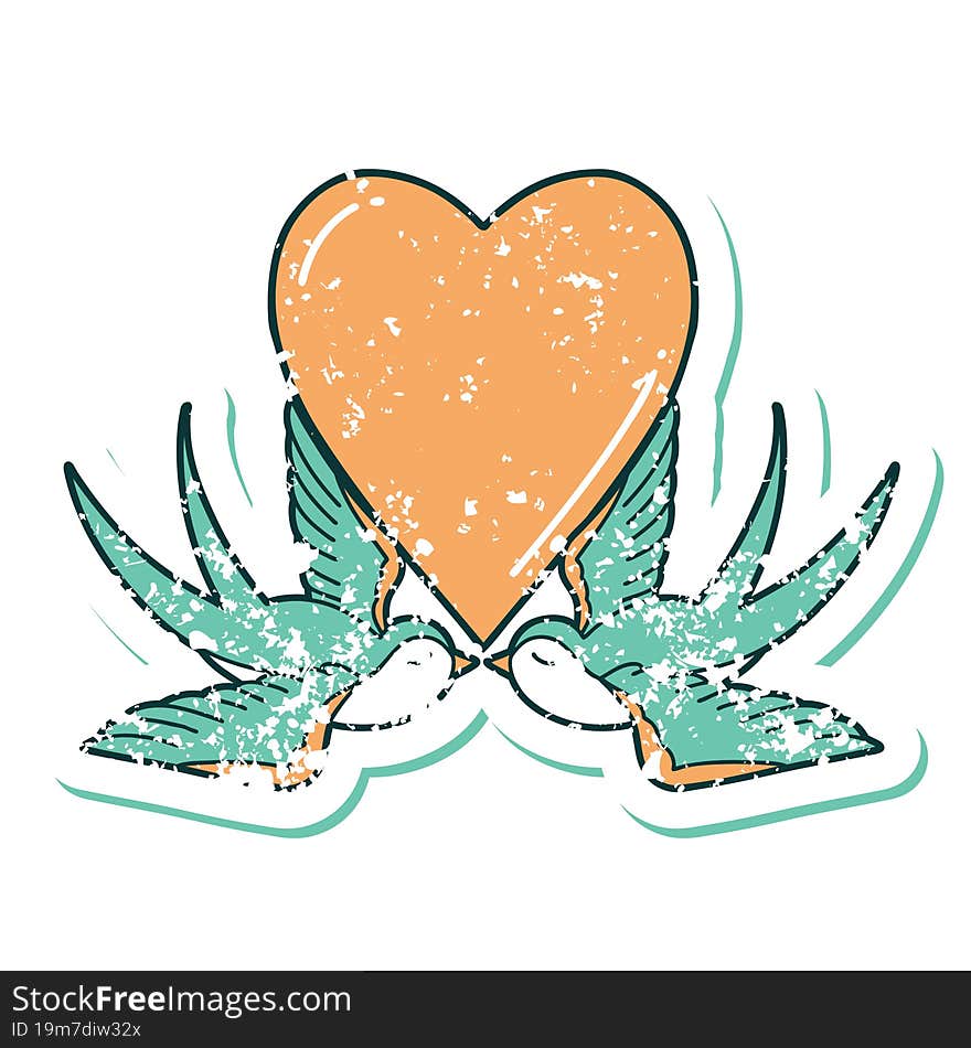 distressed sticker tattoo style icon of a swallows and a heart