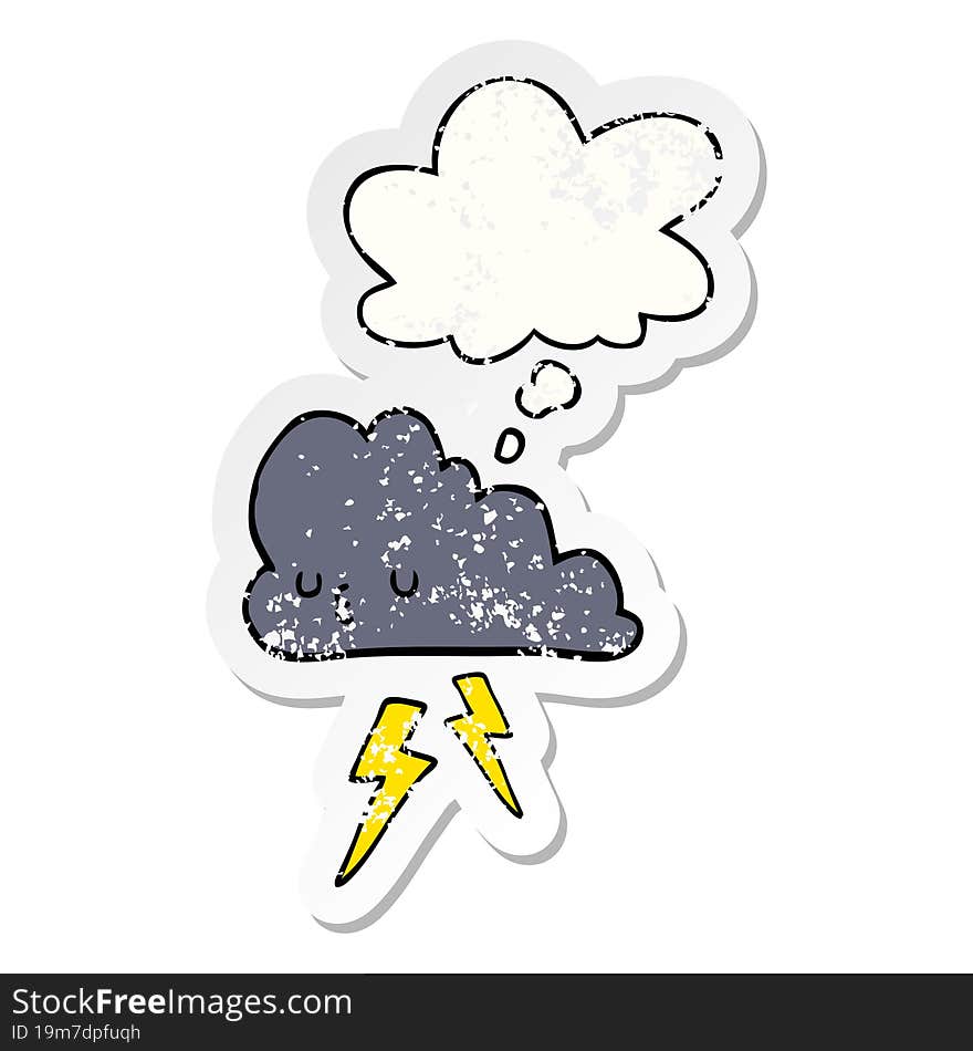 cartoon storm cloud and thought bubble as a distressed worn sticker