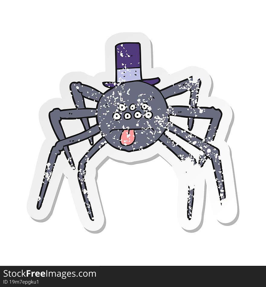 retro distressed sticker of a cartoon halloween spider in top hat