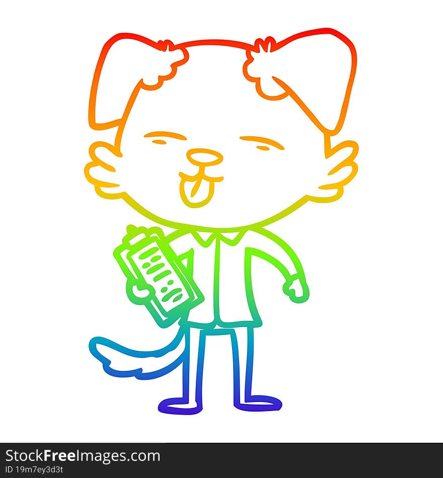 rainbow gradient line drawing of a cartoon dog with clip board