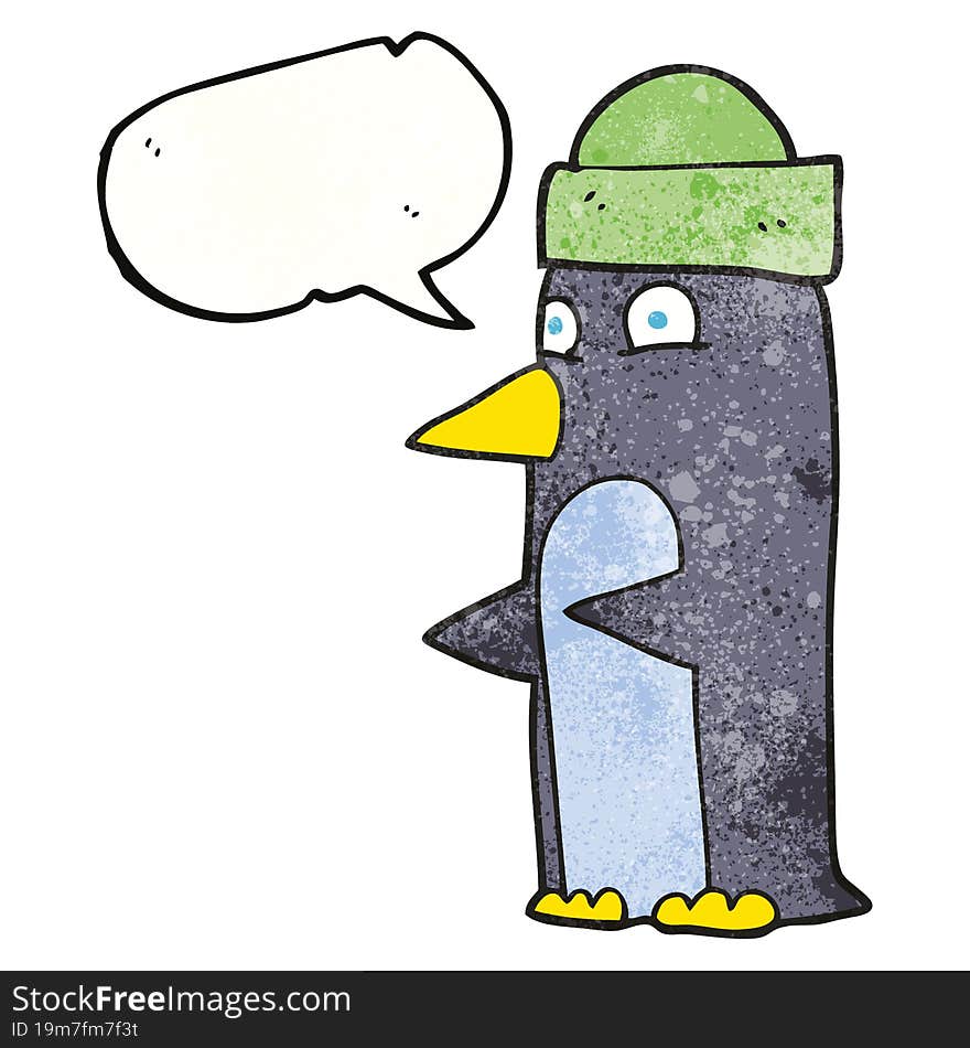 speech bubble textured cartoon penguin wearing hat